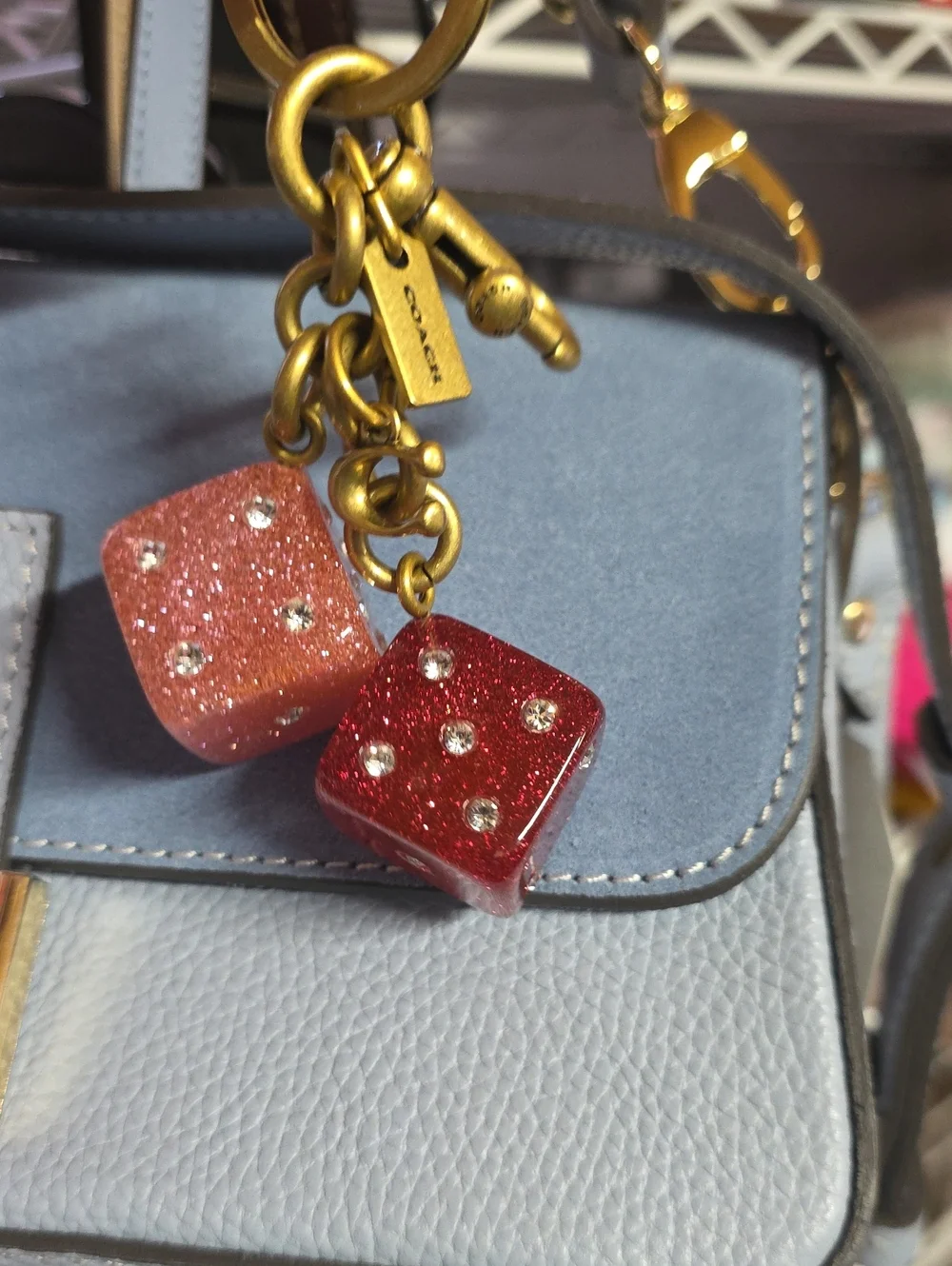 Coach Sparkling Large Glitter Dice Bag Charm W/ Dig Clip Euc with Dusty